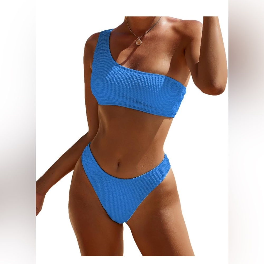 ☀️One-Shoulder Blue Bikini Set, Ribbed Textured High-cut Cheeky, New in poly bag